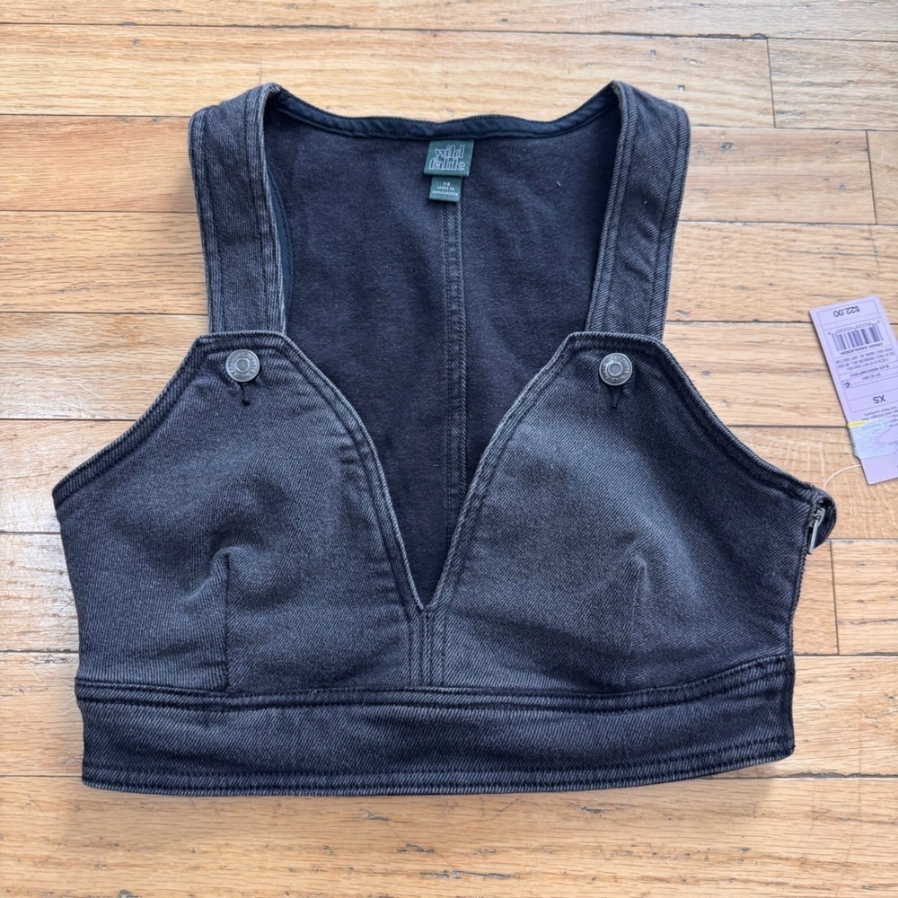 Wild Fable Womens XS Black Denim‎ Crop Top V-Neck Side Zip Corset Style Vest NEW